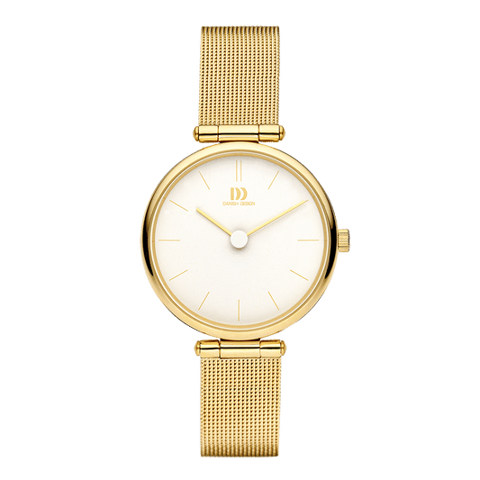 Danish Design Pure Damenarmbanduhr mit goldfarbenem Mesh-Armband und hellem Zifferblatt