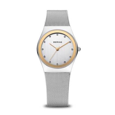 Bering Damenuhr mit silbernem Zifferblatt, goldfarbener Lünette und Milanaisearmband