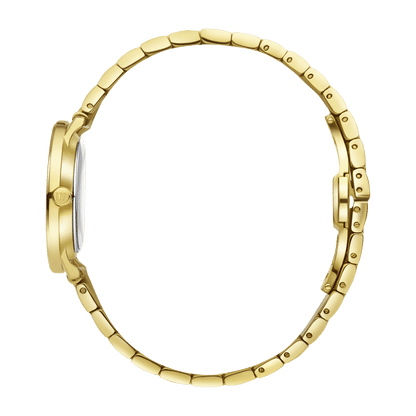 Damenuhr-Seitenansicht: goldfarbenes Gehäuse und Metallgliederarmband