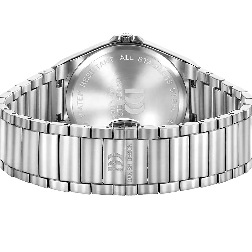 Silberne Armbanduhr mit Metallarmband und Gehäuse, Zifferblatt mit Schriften