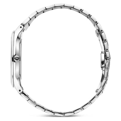 Herrenarmbanduhr Edelstahl: Seitenansicht mit Kronenschutz und Gliederarmband