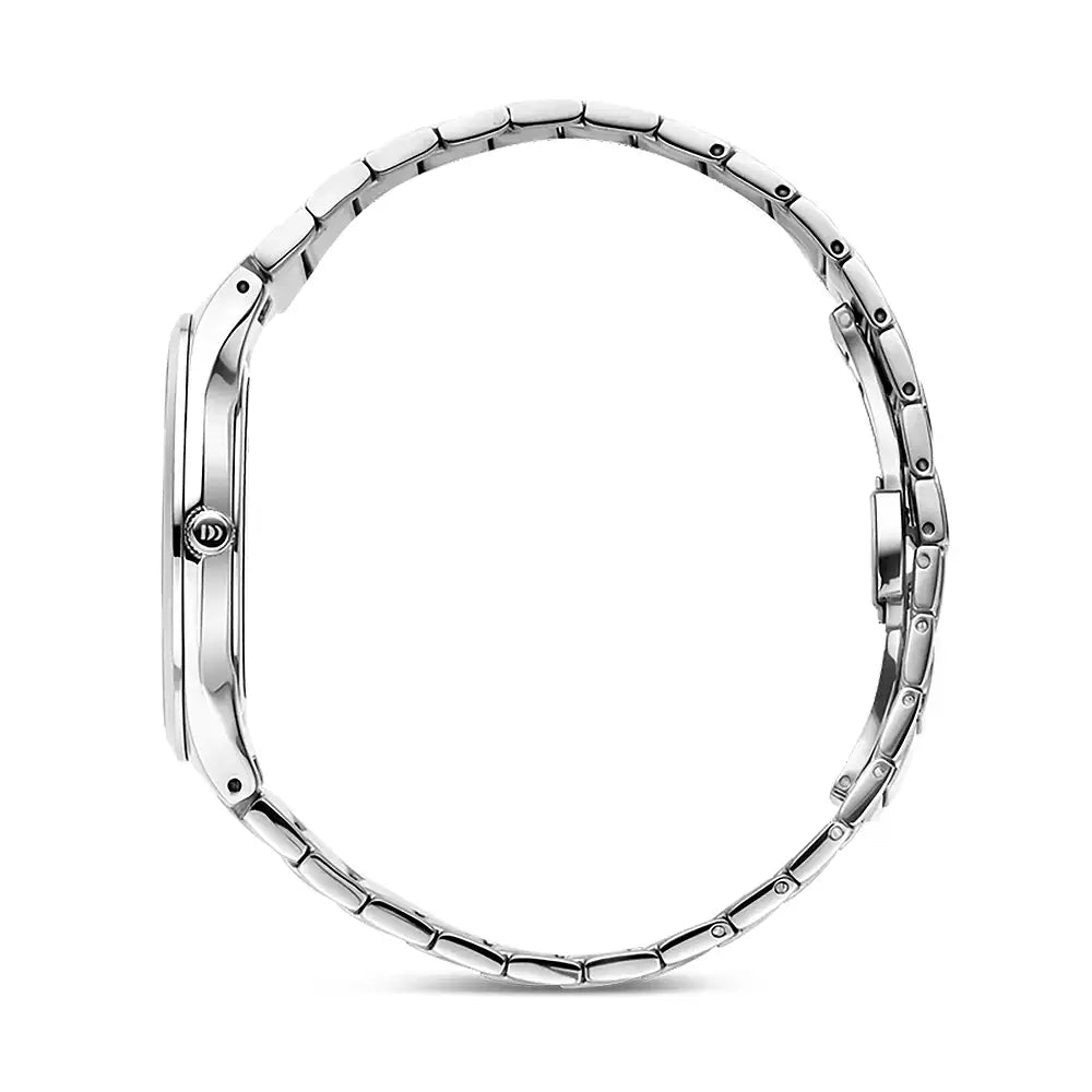 Armbanduhr Seitenansicht mit Edelstahlgehäuse und Gliederarmband, Krone sichtbar