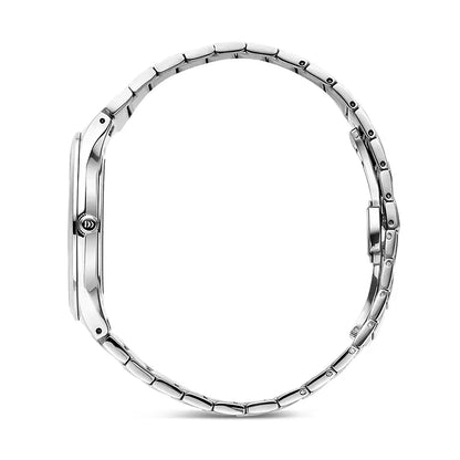 Armbanduhr Seitenansicht mit Edelstahlgehäuse und Gliederarmband, Krone sichtbar