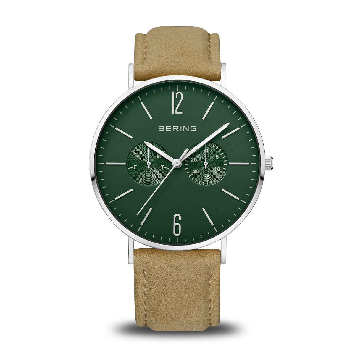 Herren-Armbanduhr mit grünem Zifferblatt, beigem Lederband und silbernem Gehäuse