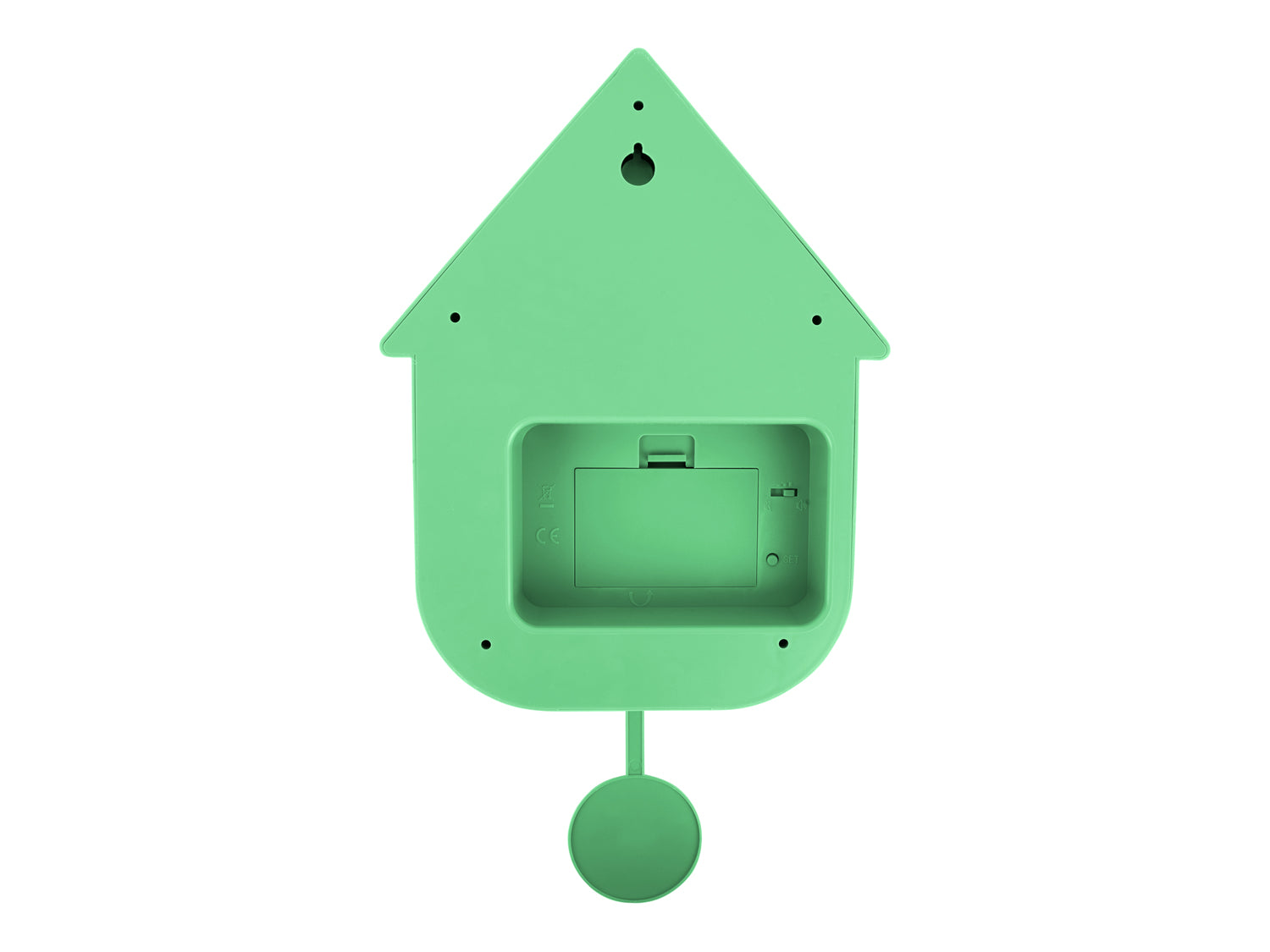 Horloge murale verte pour la maison avec dos ouvert, points de fixation et pendule