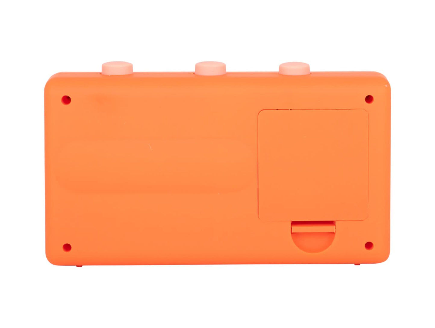 Baksidan av en orange väckarklocka med skruvpunkter och fäste
