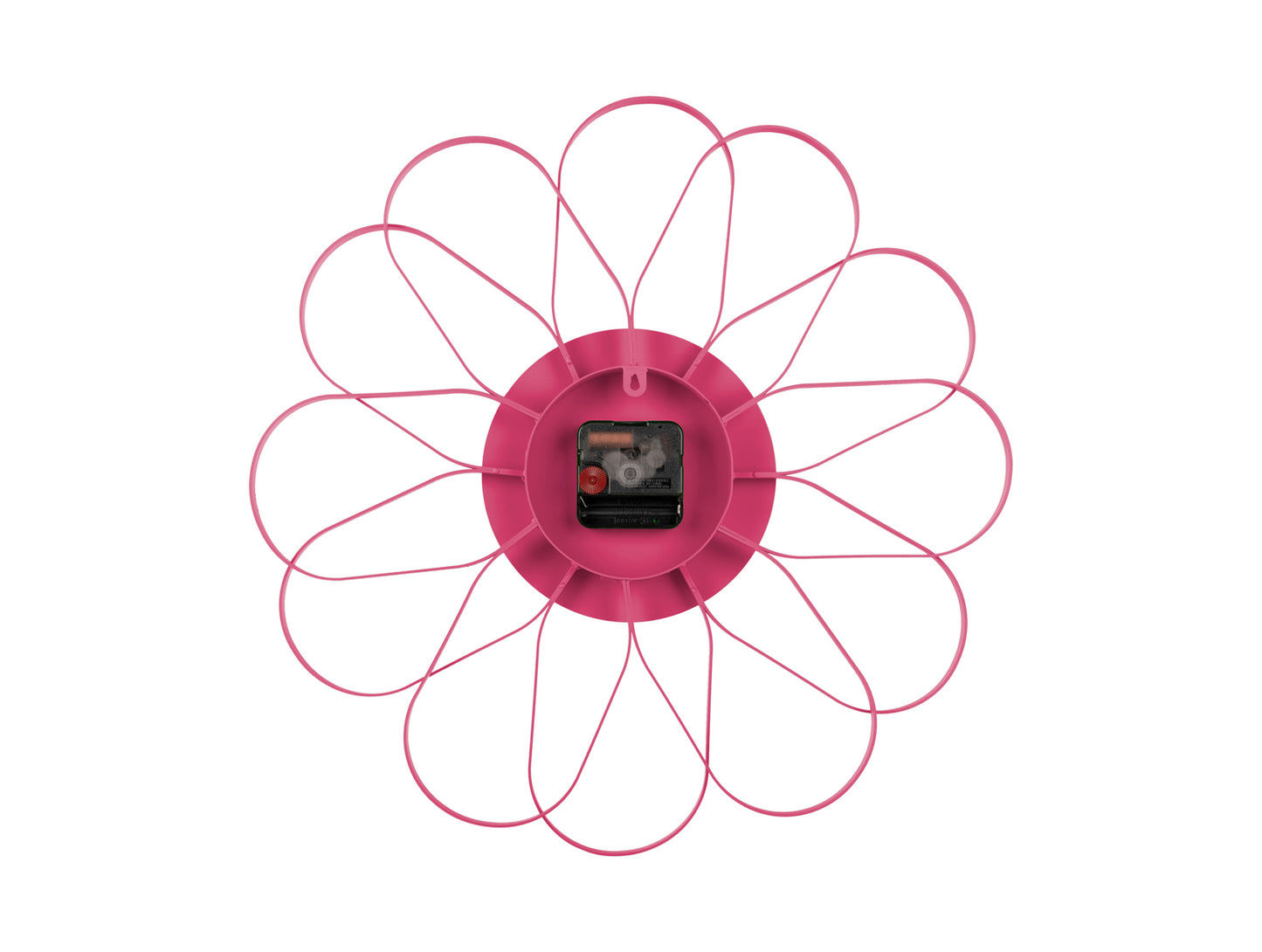 Wandklocka i blomform med urverksdetalj på baksidan på en rosa ring