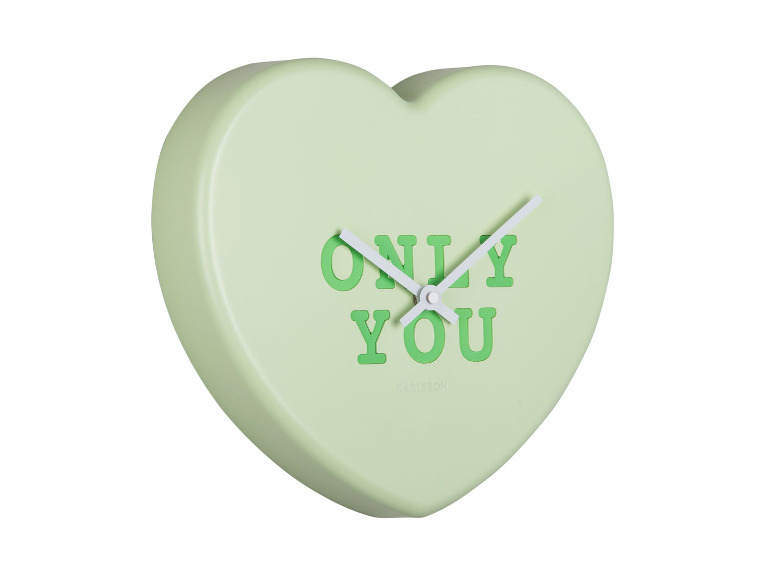 Horloge murale en forme de cœur, vert doux, inscription « ONLY YOU » avec aiguilles