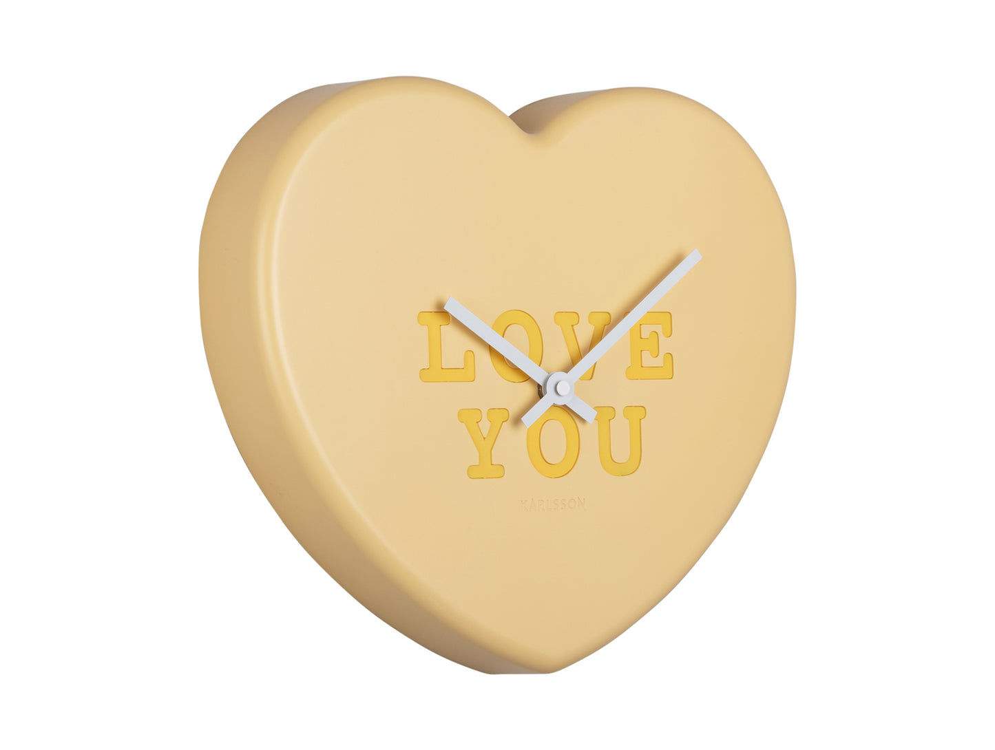 Horloge murale en forme de cœur, jaune vif, avec "LOVE YOU" et aiguilles visibles