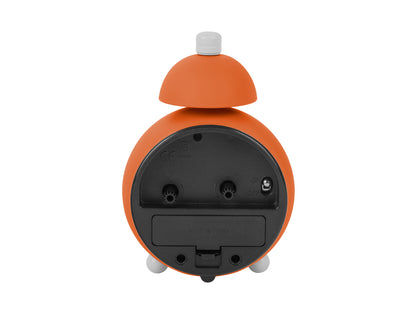 Neonorange väckarklocka, baksida med batterifack och anslutningar
