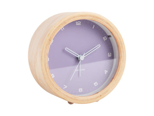 Réveil analogique avec cadre en bois et cadran violet, aiguilles et index blancs