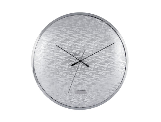 Horloge murale argentée avec cadran mosaïque et aiguilles noires, ronde
