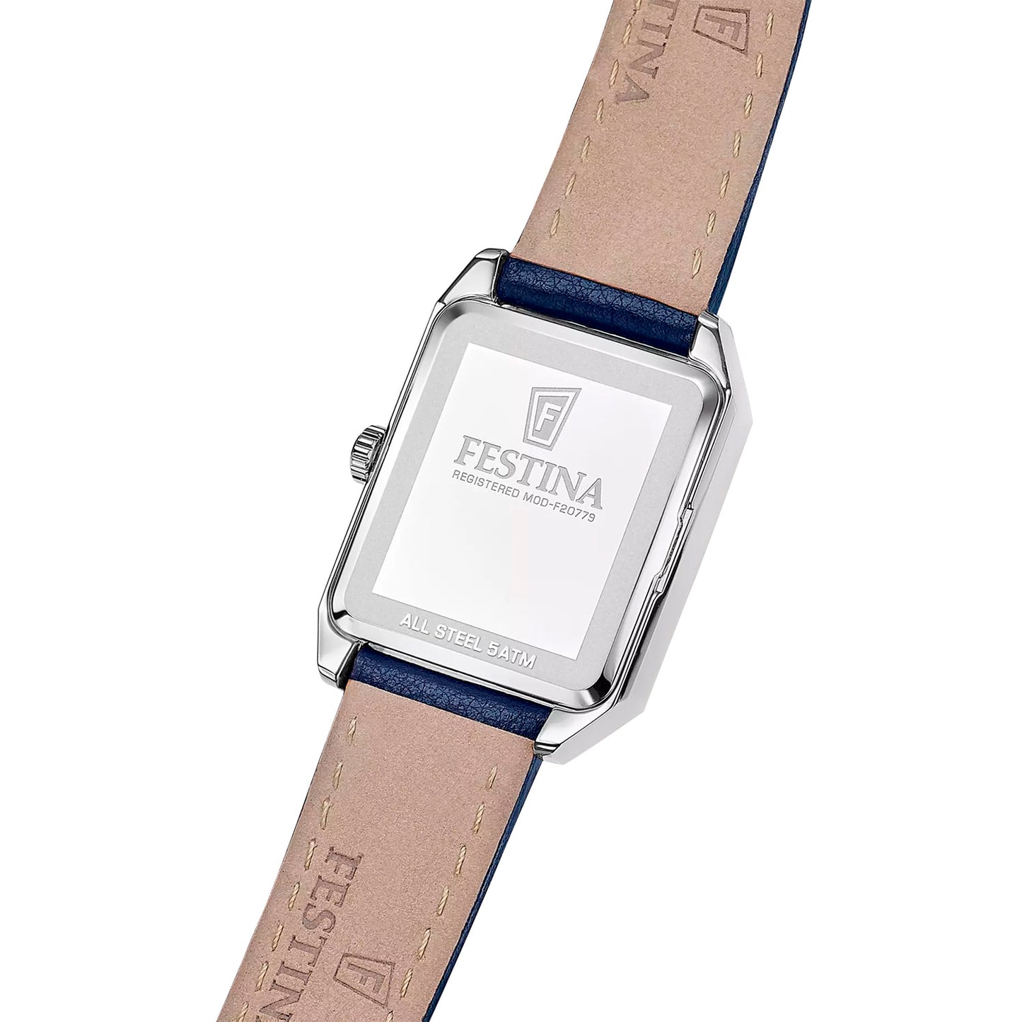 Herren-Quarzuhr mit blauem Lederarmband, silbernes Gehäuse mit FESTINA-Schrift