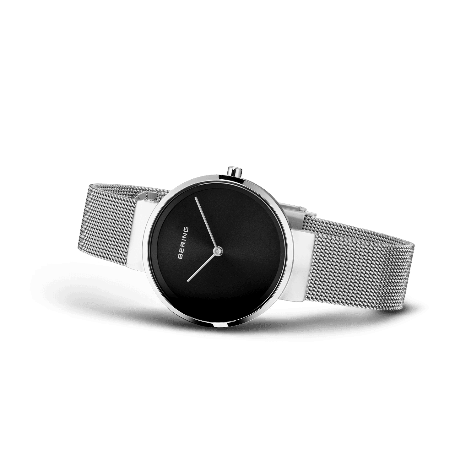 Damenuhr mit schwarzem Zifferblatt und silbernem Milanaise-Armband, seitlich ausgerichtet