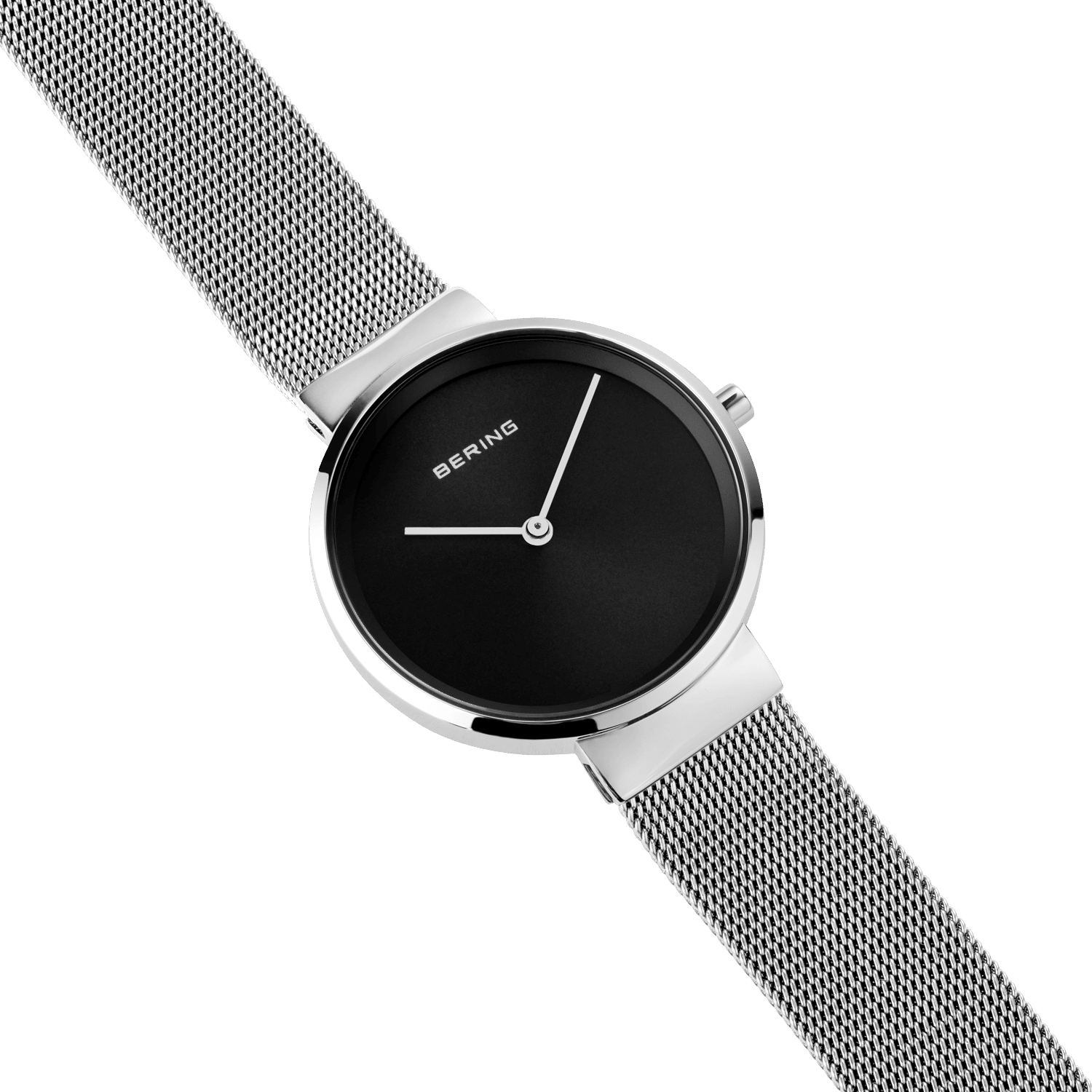 Damenuhr mit schwarzem Zifferblatt, silbernem Gehäuse und Milanaise-Armband