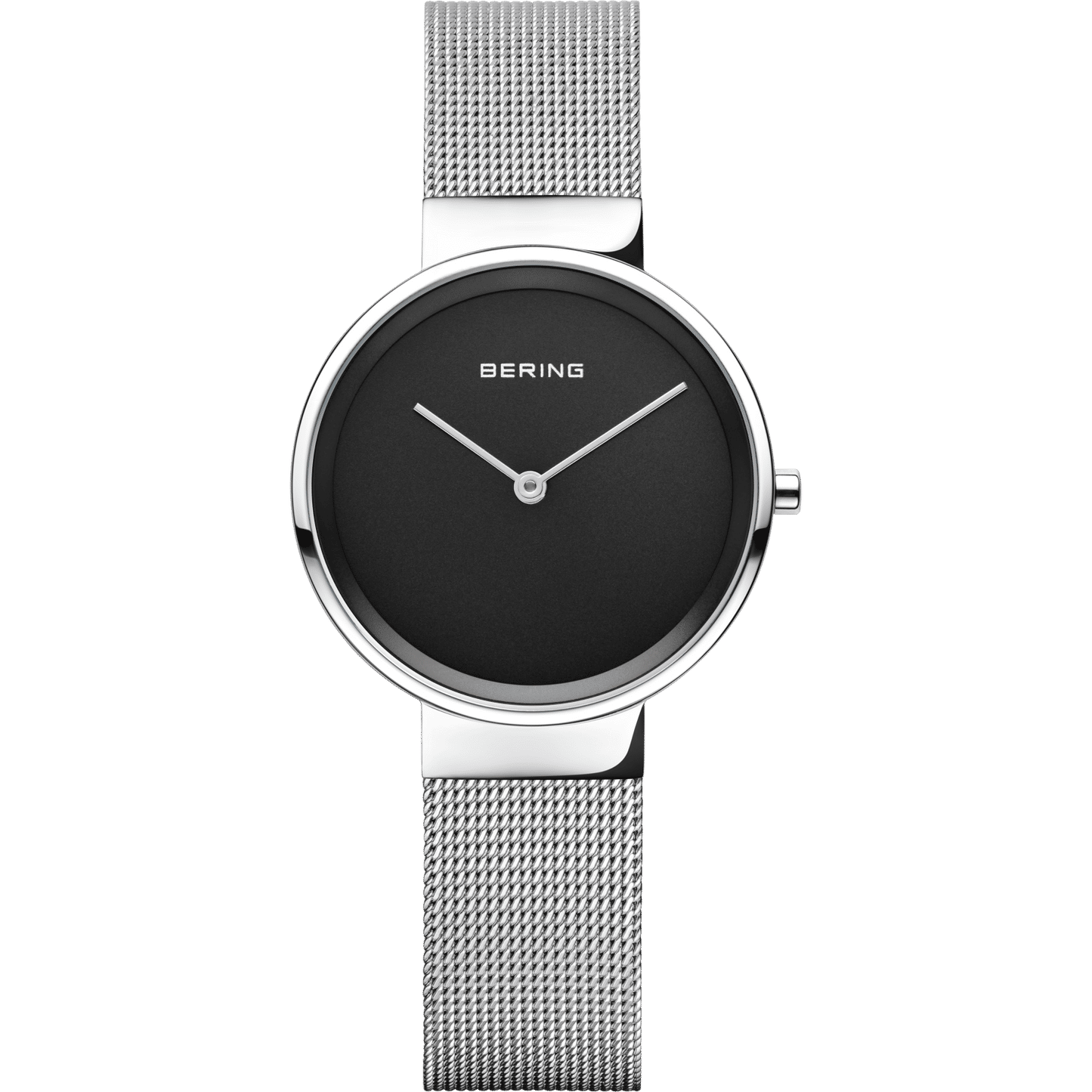 Damenuhr mit schwarzem Zifferblatt, runder Lünette und silbernem Milanaise-Armband