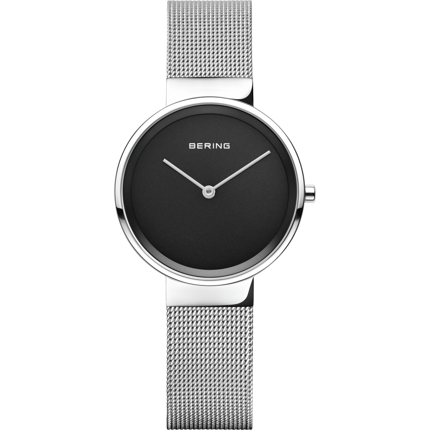 Damenuhr mit schwarzem Zifferblatt, runder Lünette und silbernem Milanaise-Armband