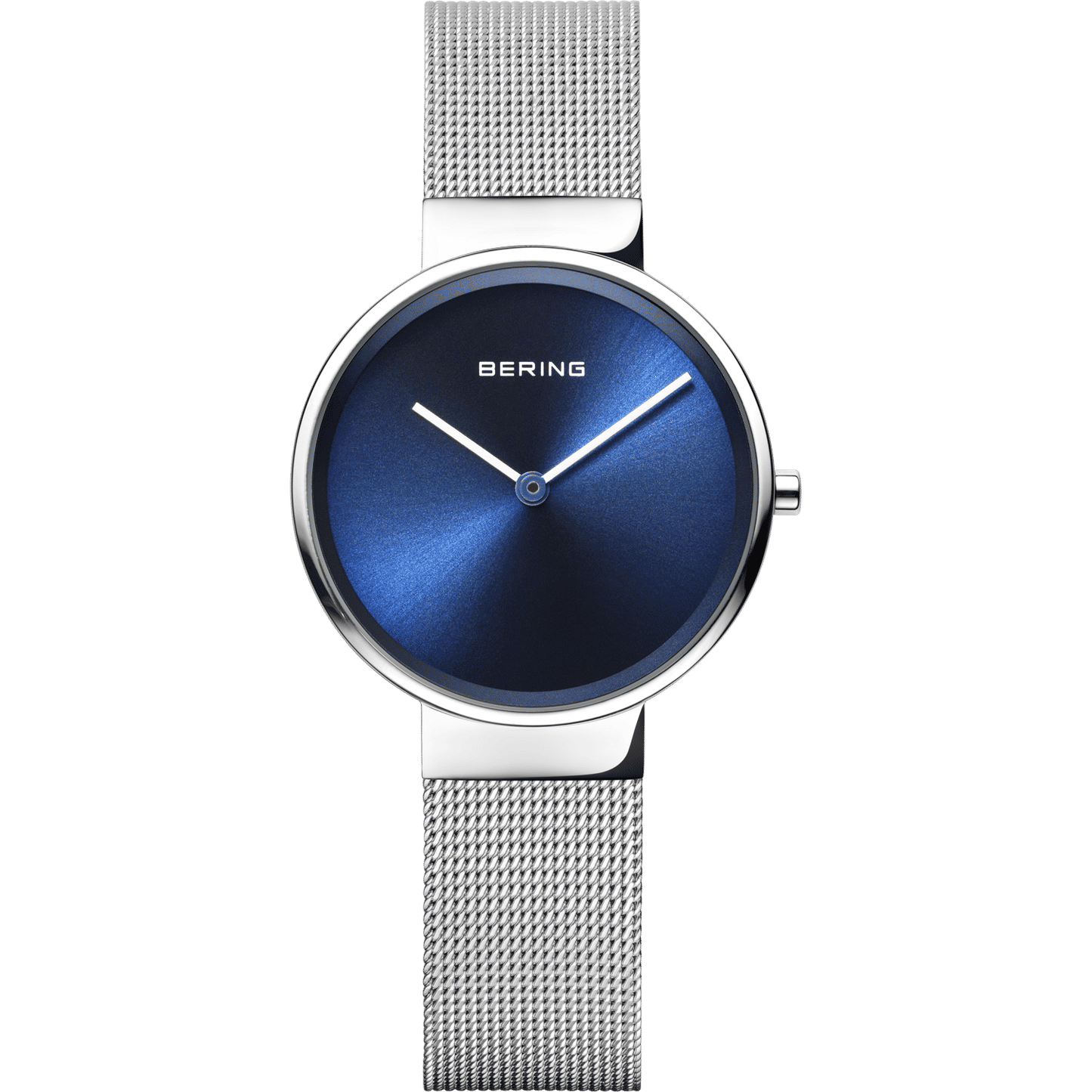 Damenuhr mit blauem Zifferblatt, runder Lünette und silbernem Milanaise-Armband