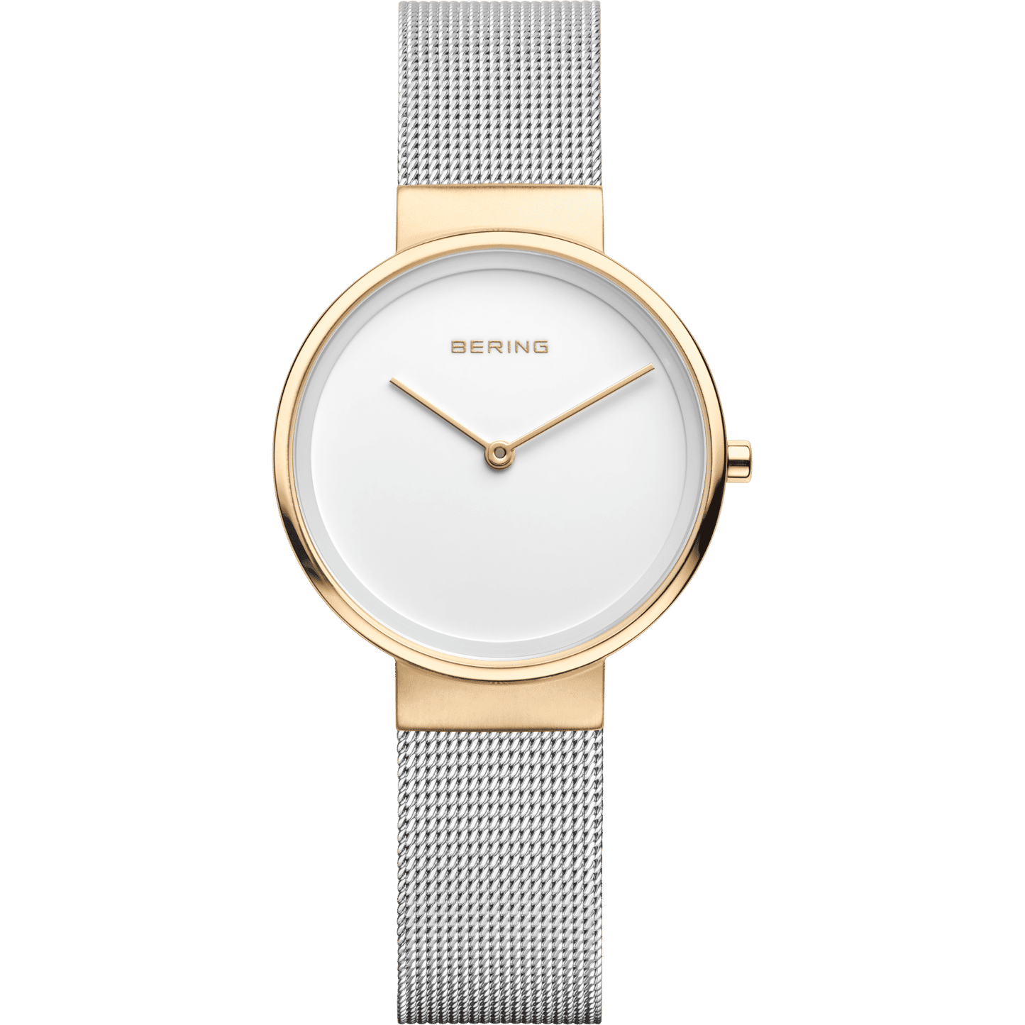 Damenuhr mit weißem Zifferblatt, goldfarbenem Gehäuse und silbernem Milanaise-Armband