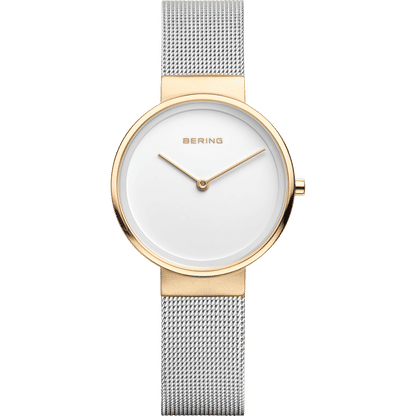 Damenuhr mit weißem Zifferblatt, goldfarbenem Gehäuse und silbernem Milanaise-Armband