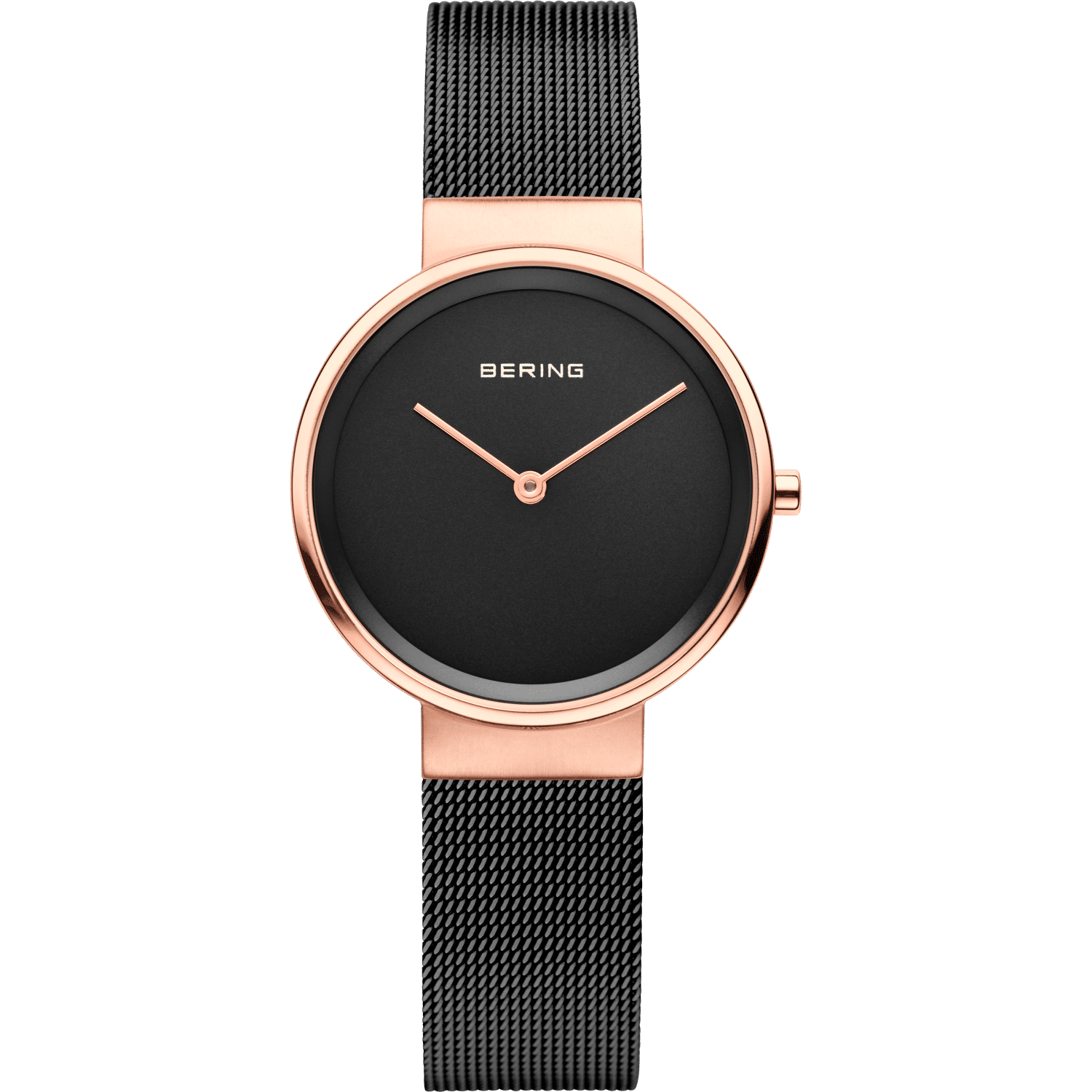 Bering Damenuhr mit schwarzem Zifferblatt, roségoldenem Gehäuse und Milanaise-Armband