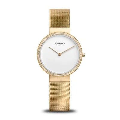 Damenuhr mit weißem Zifferblatt, goldfarbenes Mesh-Armband und runder Gehäusefassung