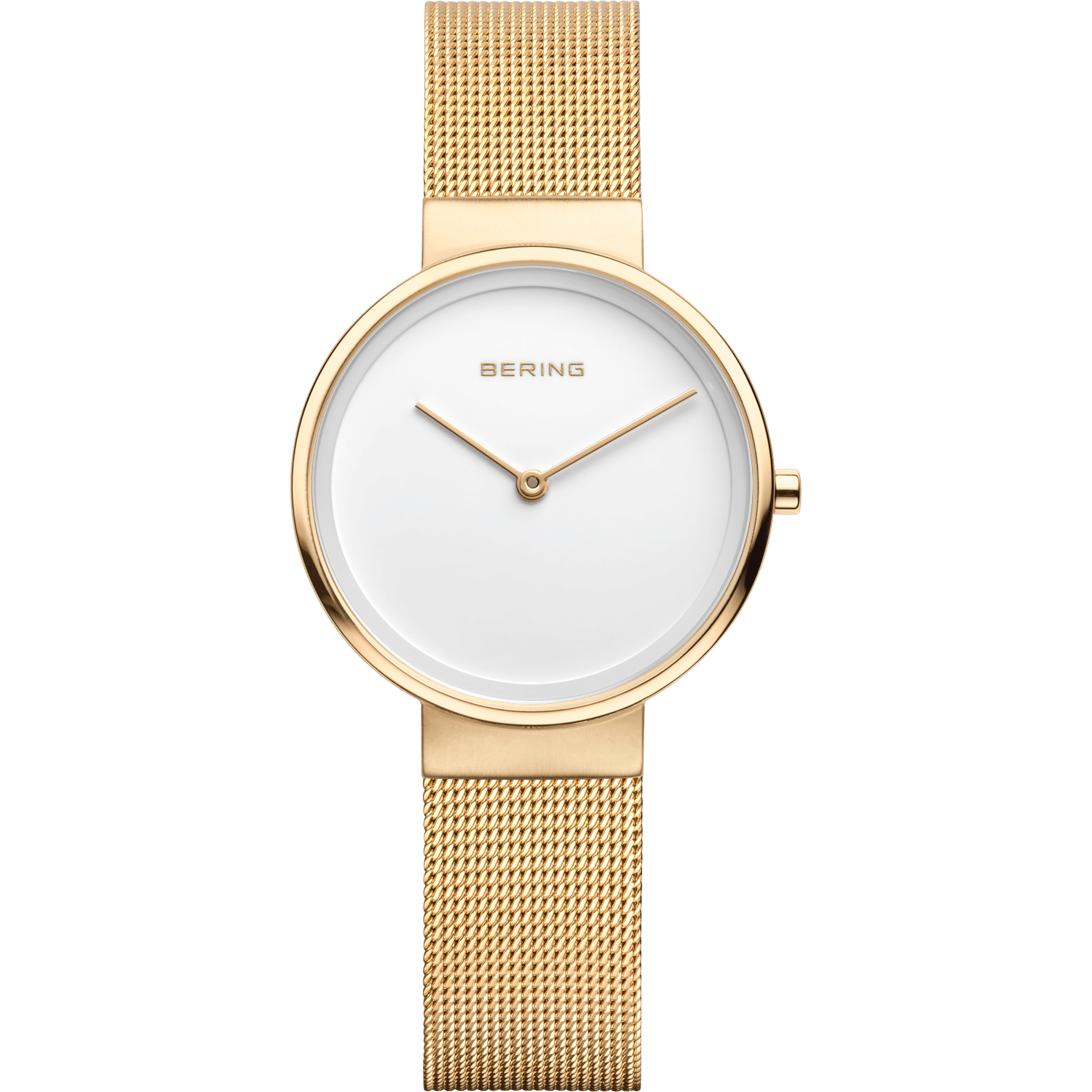Damenuhr mit weißem Zifferblatt und Milanaise-Armband, goldfarbene Gehäusefassung