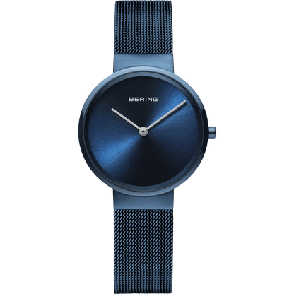 Damenuhr mit blauem Zifferblatt und Milanaise-Armband, dunkelblaue Gehäusefassung