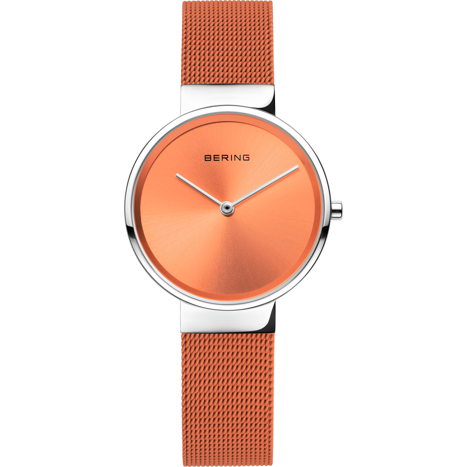 Damenuhr mit orangefarbenem Zifferblatt und Milanaise-Armband, silberfarbene Gehäusefassung
