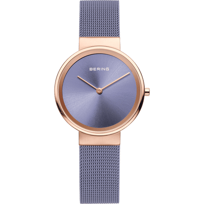 Bering Damenuhr mit blauem Zifferblatt und Milanaise-Armband in Roségold