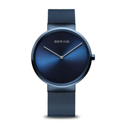 Unisex-Armbanduhr mit rundem Gehäuse, blauem Zifferblatt und blauem Milanese-Armband
