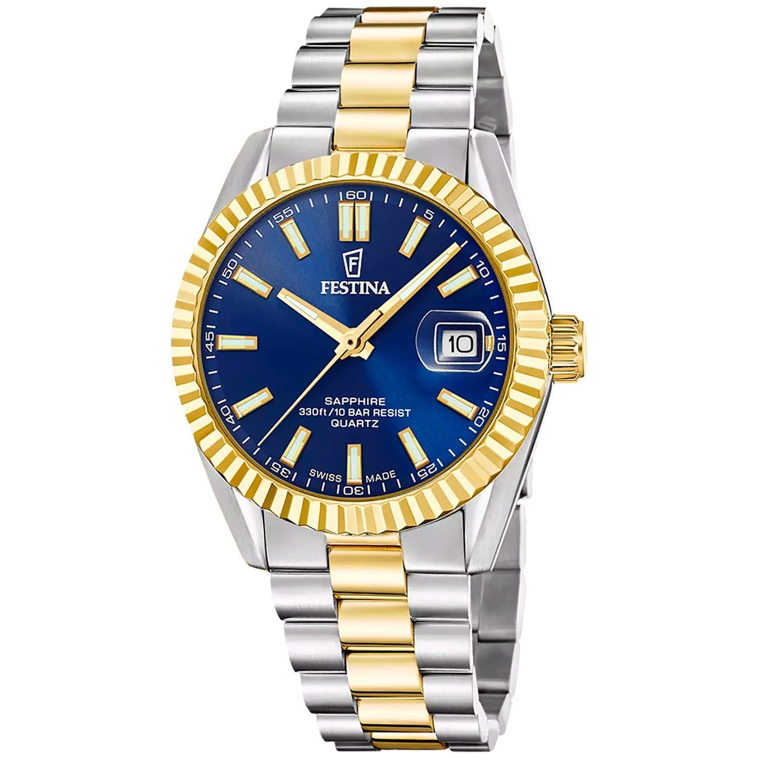 Herrenarmbanduhr mit blauem Zifferblatt, bicolor Stahl/Gold und Saphirglas