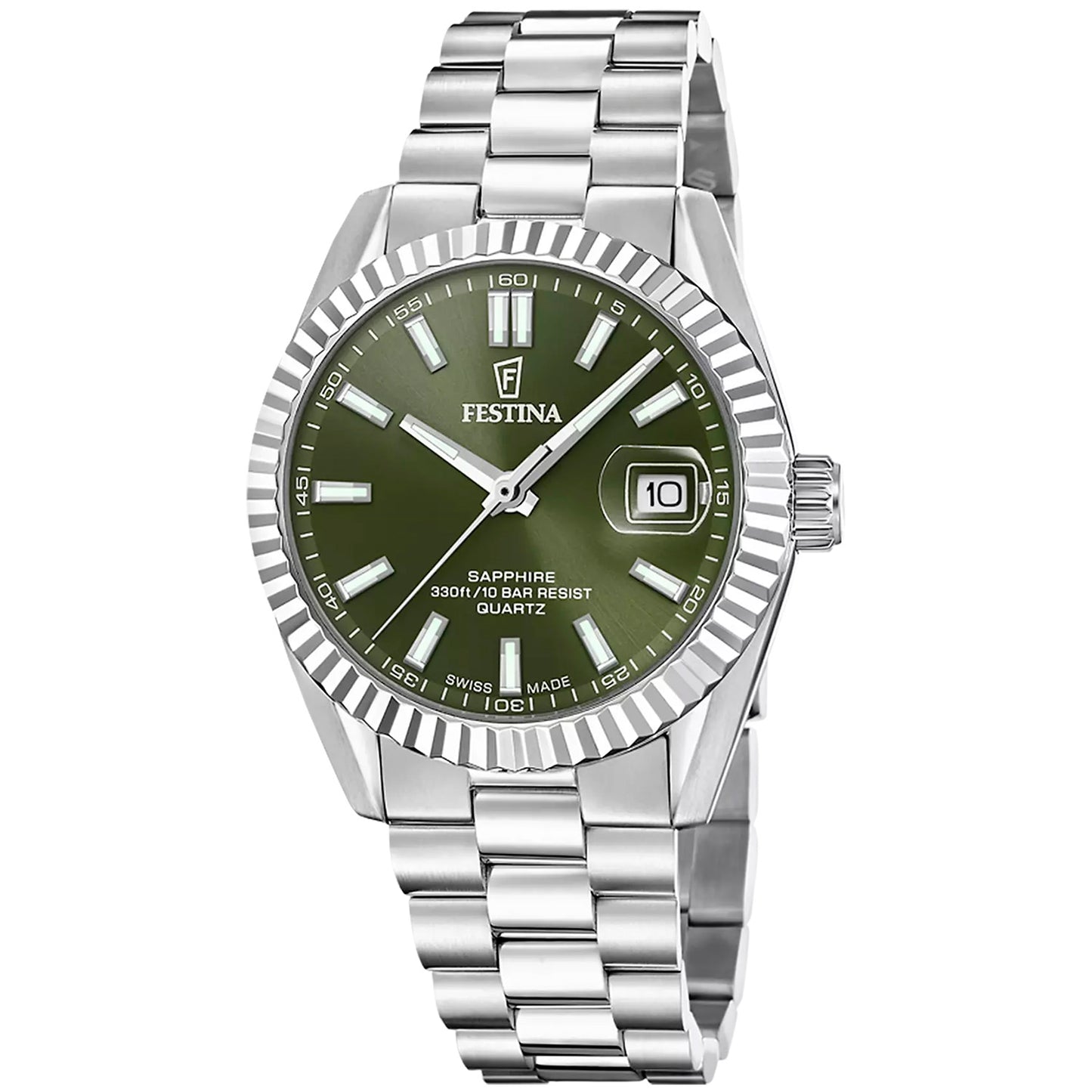 Festina Herrenarmbanduhr mit grünem Zifferblatt und Edelstahlband