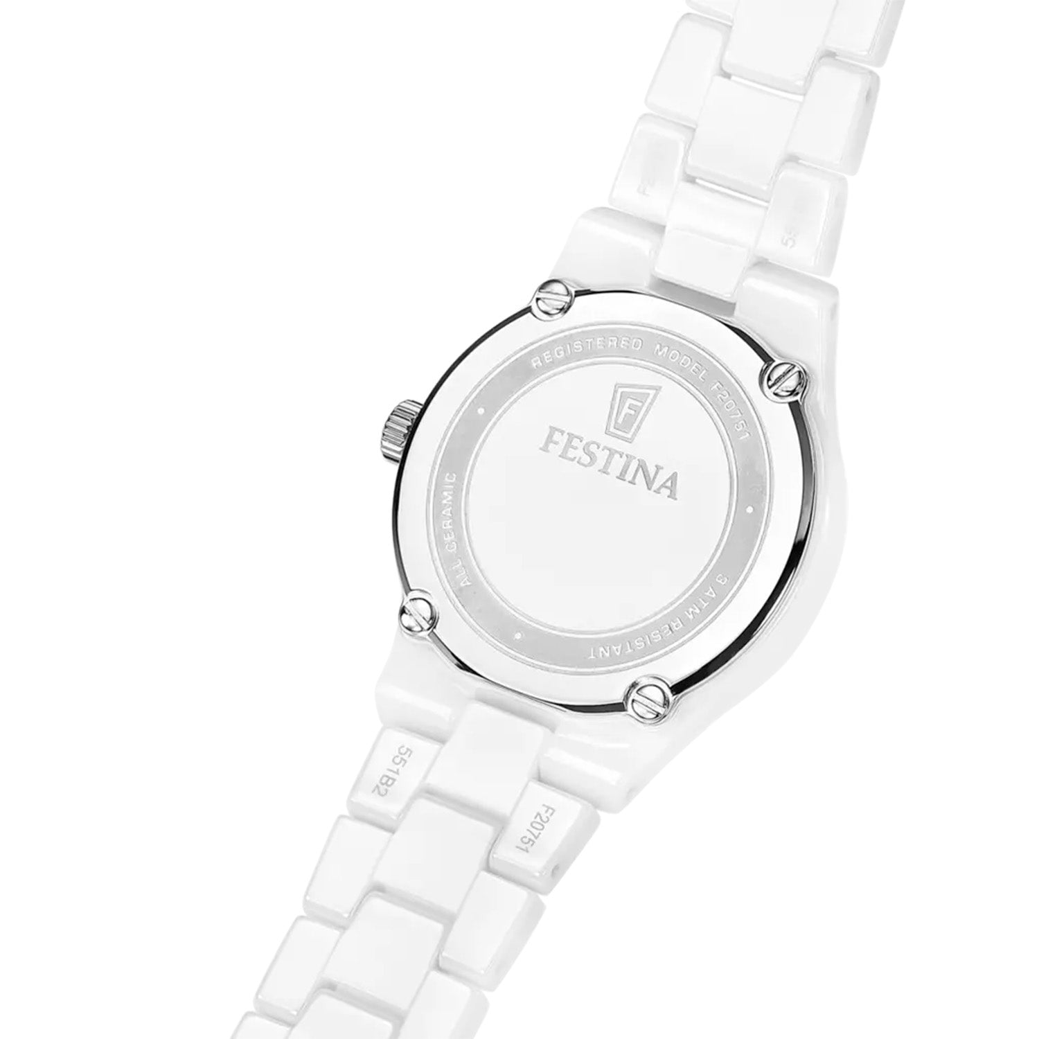 Damenarmbanduhr Festina, Gehäuseboden mit Gravur und weißem Keramikarmband