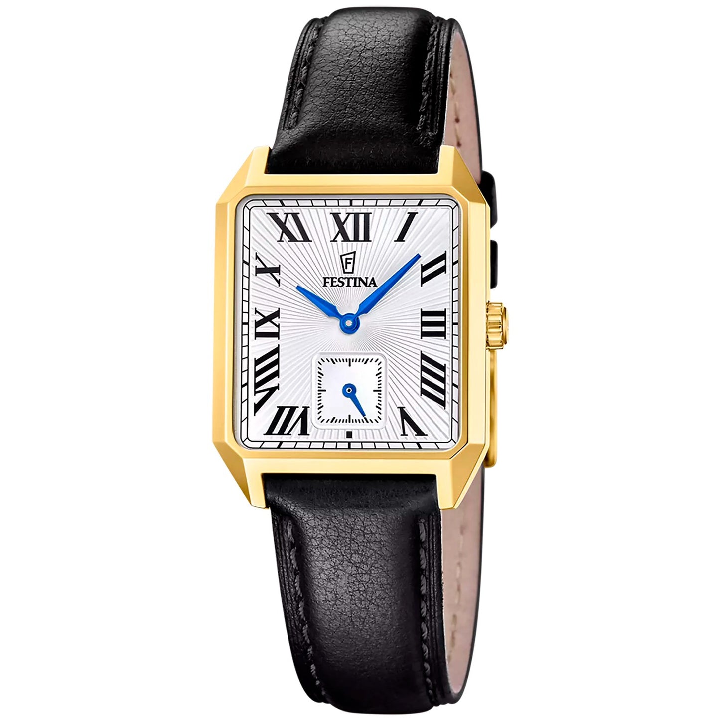 Festina Herrenuhr mit rechteckigem Zifferblatt, schwarzem Lederband und vergoldetem Gehäuse