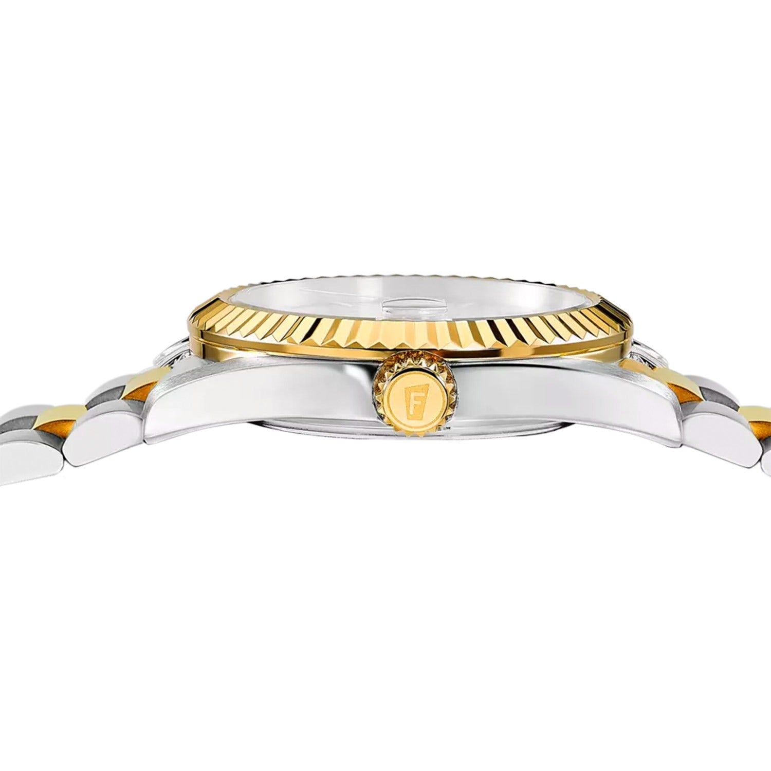 Herrenarmbanduhr Seitenansicht: goldfarbene Lünette und Edelstahlgehäuse