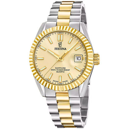 Zweifarbige Herrenuhr mit weißem Zifferblatt, goldener Lünette und Datumsfenster