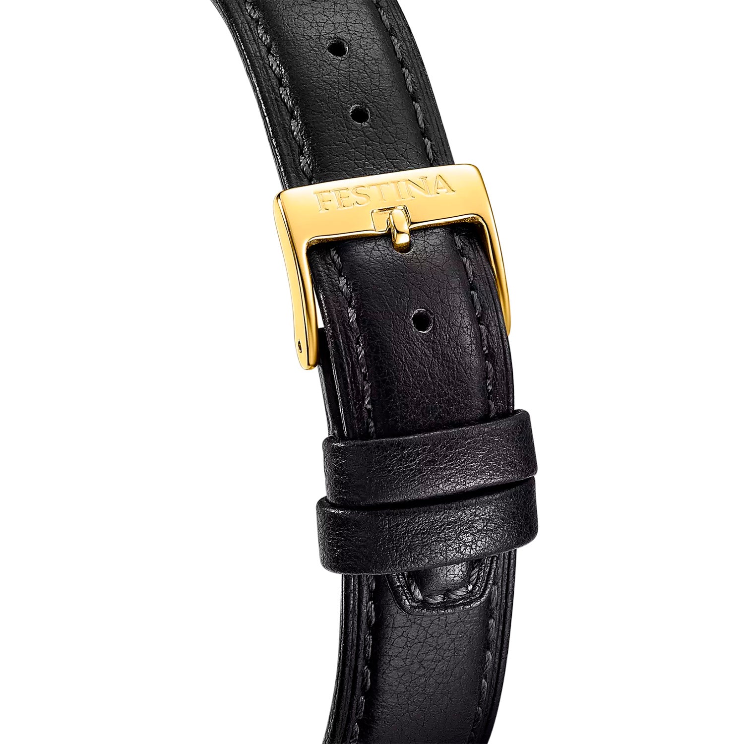 Festina Herrenuhr Detail: schwarzes Lederband mit Dornschließe, vergoldetes Bandende