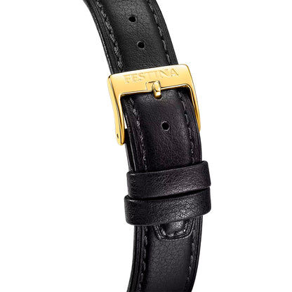Festina Herrenuhr Detail: schwarzes Lederband mit Dornschließe, vergoldetes Bandende