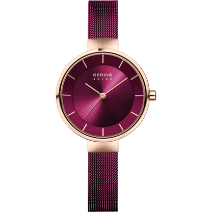 Bering Damen-Armbanduhr mit roségoldenem Gehäuse, bordeaux Zifferblatt und Meshband