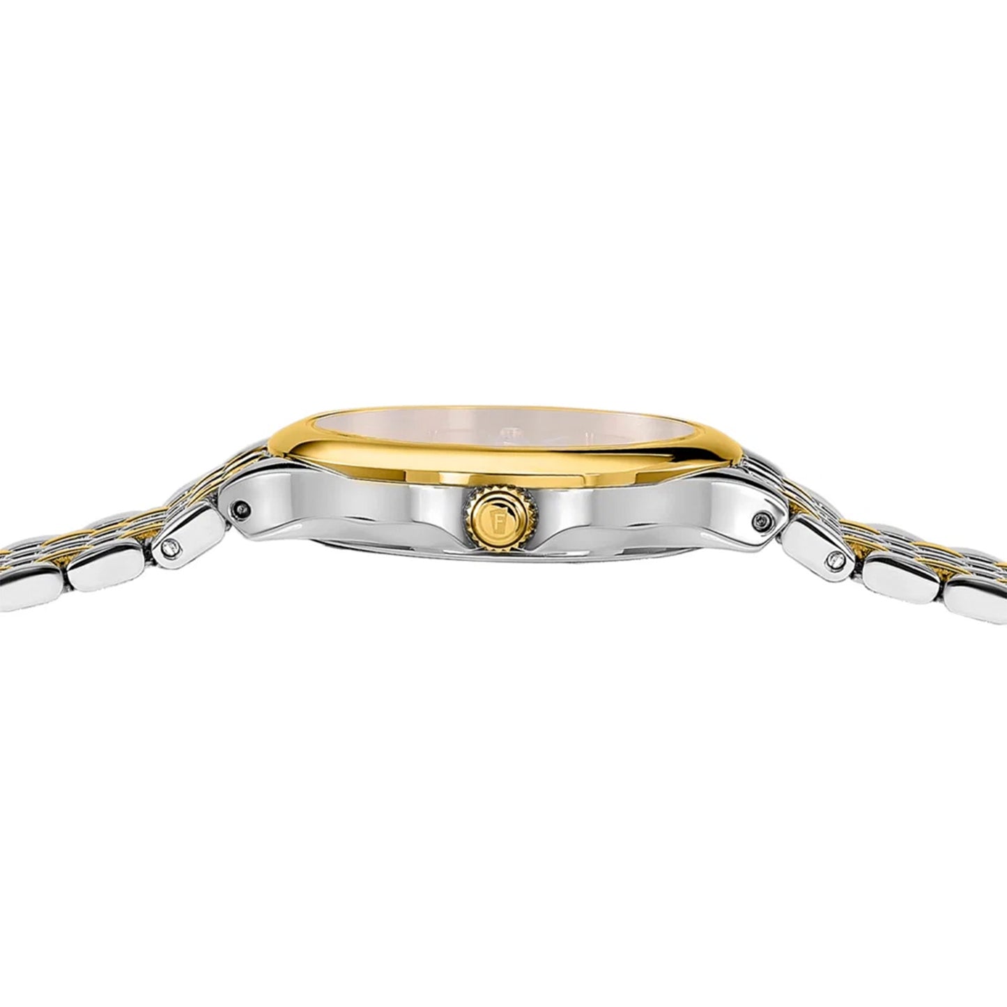 Festina Damenuhr seitlich mit Krone und goldener Lünette, silbernem Metallarmband