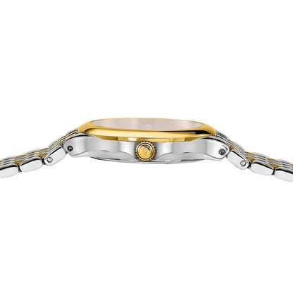 Festina Damenuhr seitlich mit Krone und goldener Lünette, silbernem Metallarmband