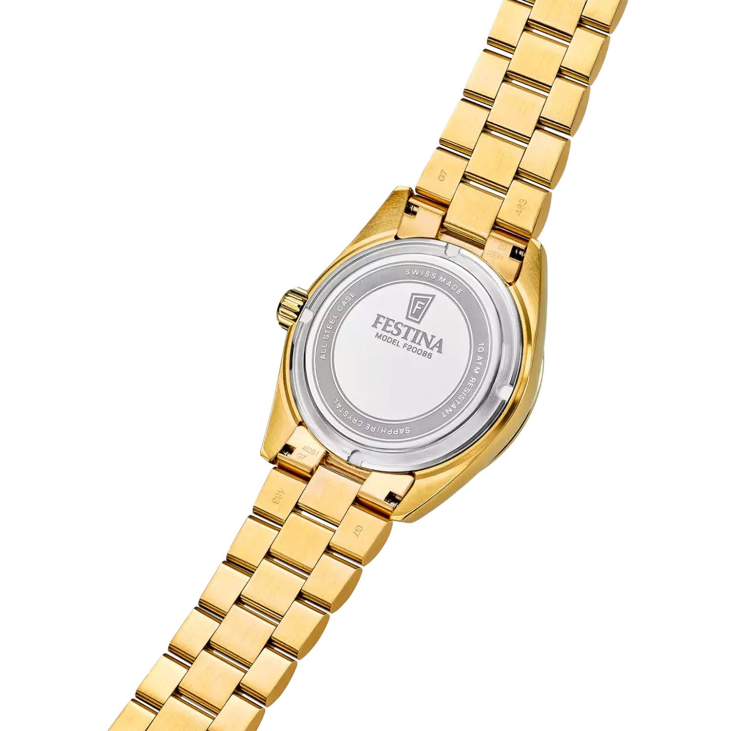 Uhrenrückseite mit Gravur auf goldfarbenem Gliederarmband