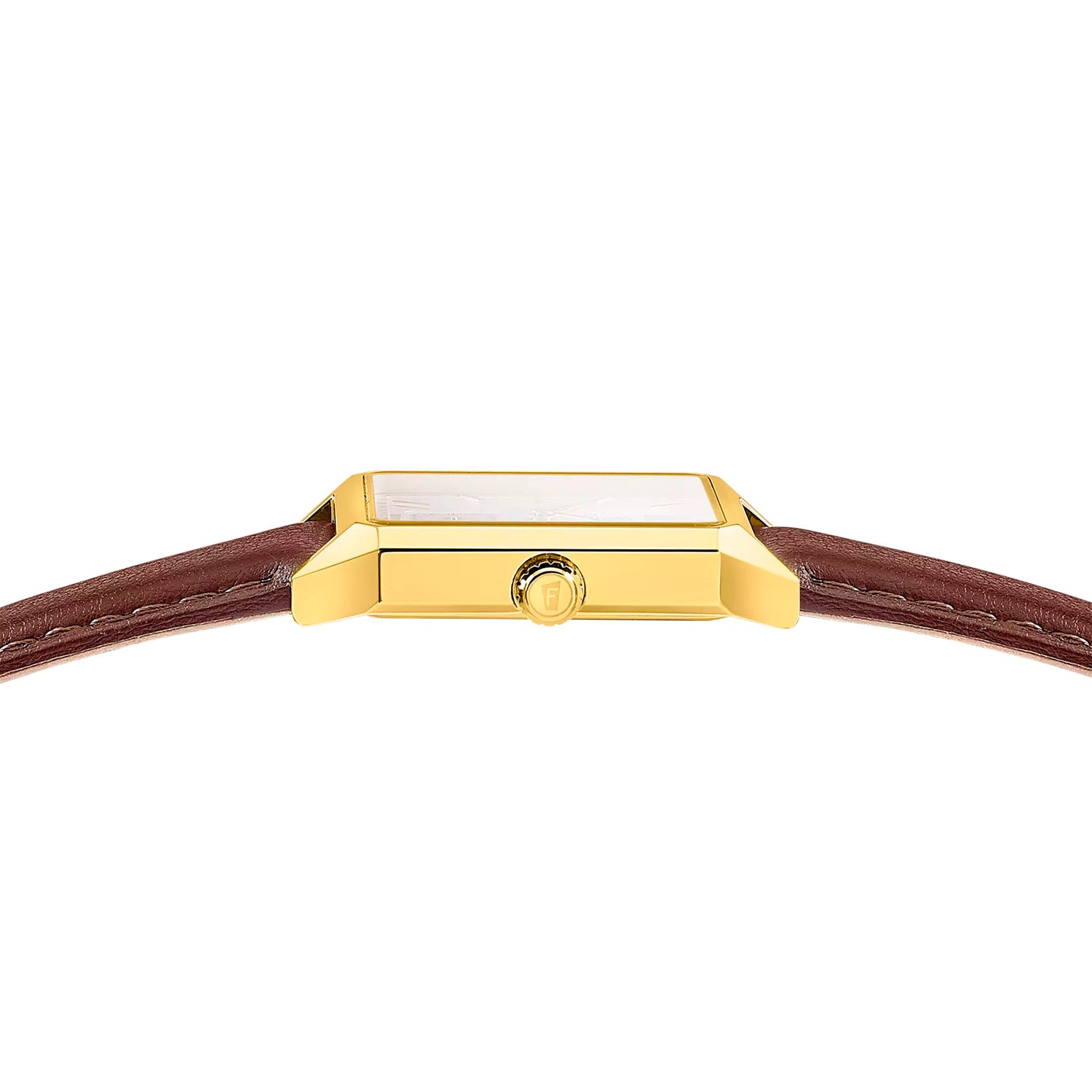 Herrenquarzuhr-Rückseite mit Goldgehäuse und braunem Lederarmband