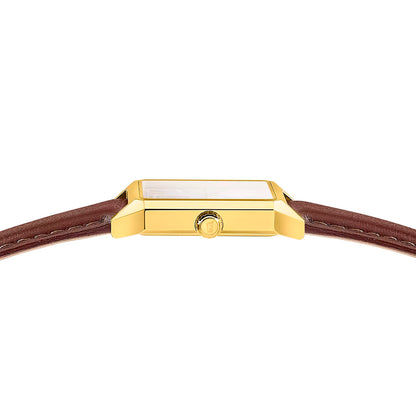 Herrenquarzuhr-Rückseite mit Goldgehäuse und braunem Lederarmband