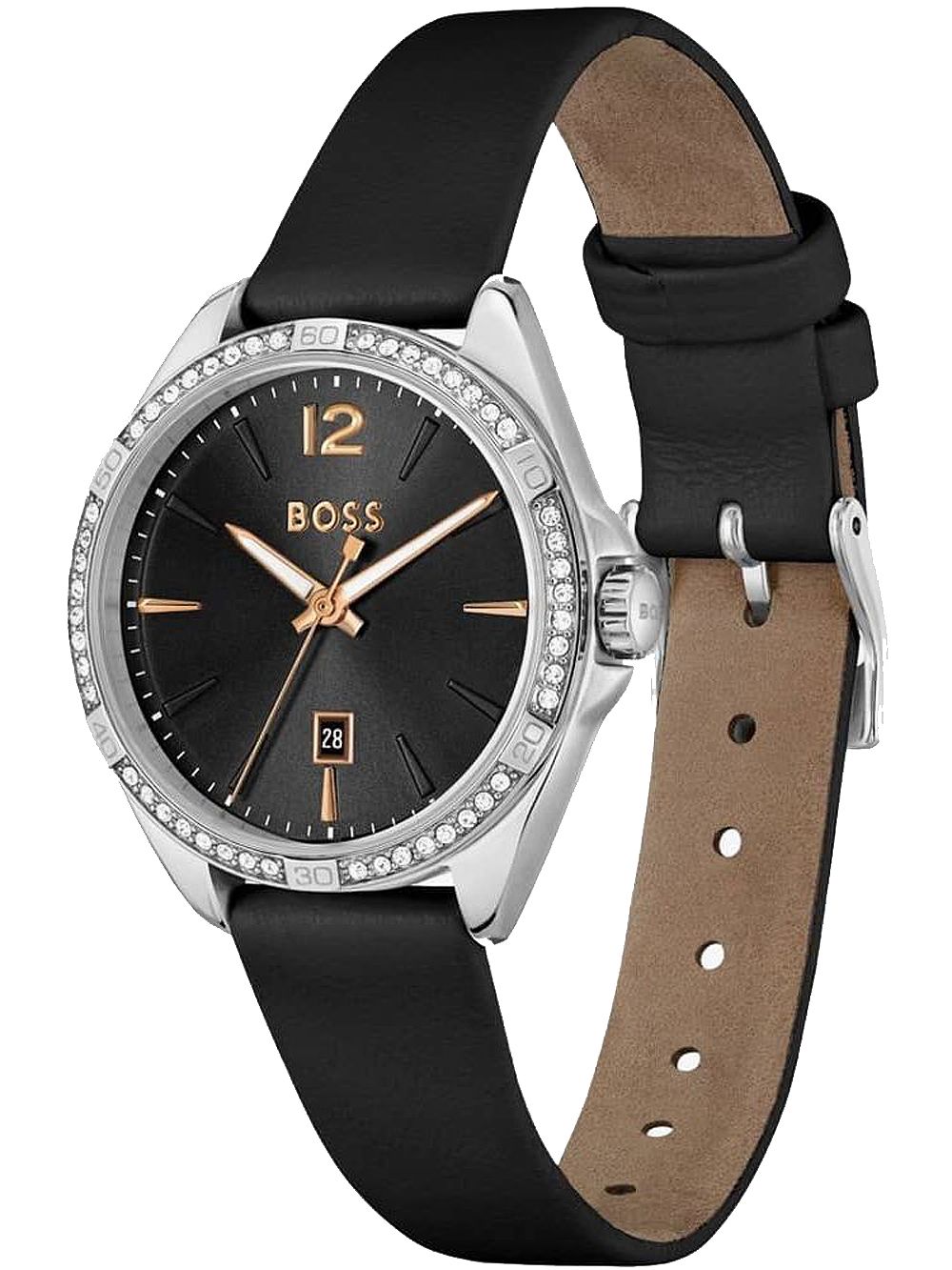 Damenarmanduhr mit schwarzem Lederarmband, funkelnder Lünette und Datumsanzeige