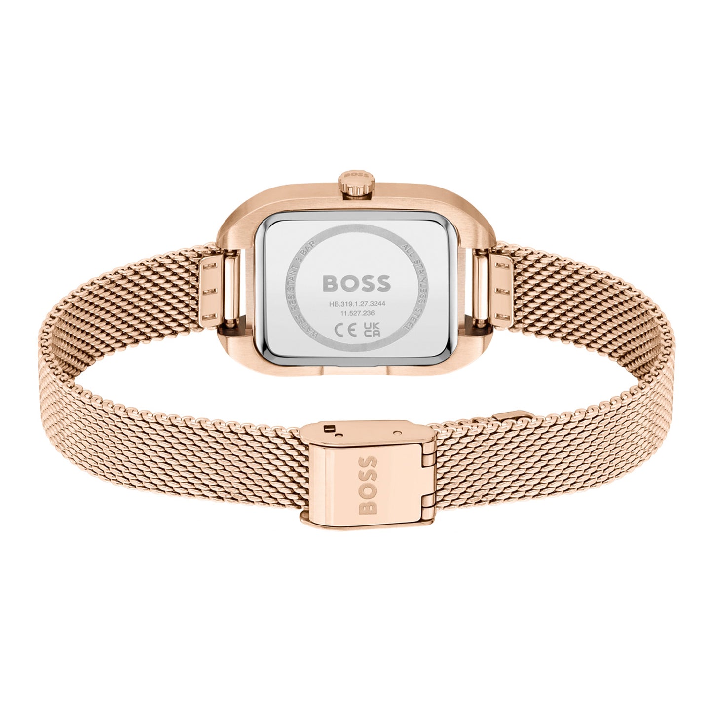 BOSS Damenarmbanduhr Rückansicht mit roségoldener Schließe und Mesh-Metallband