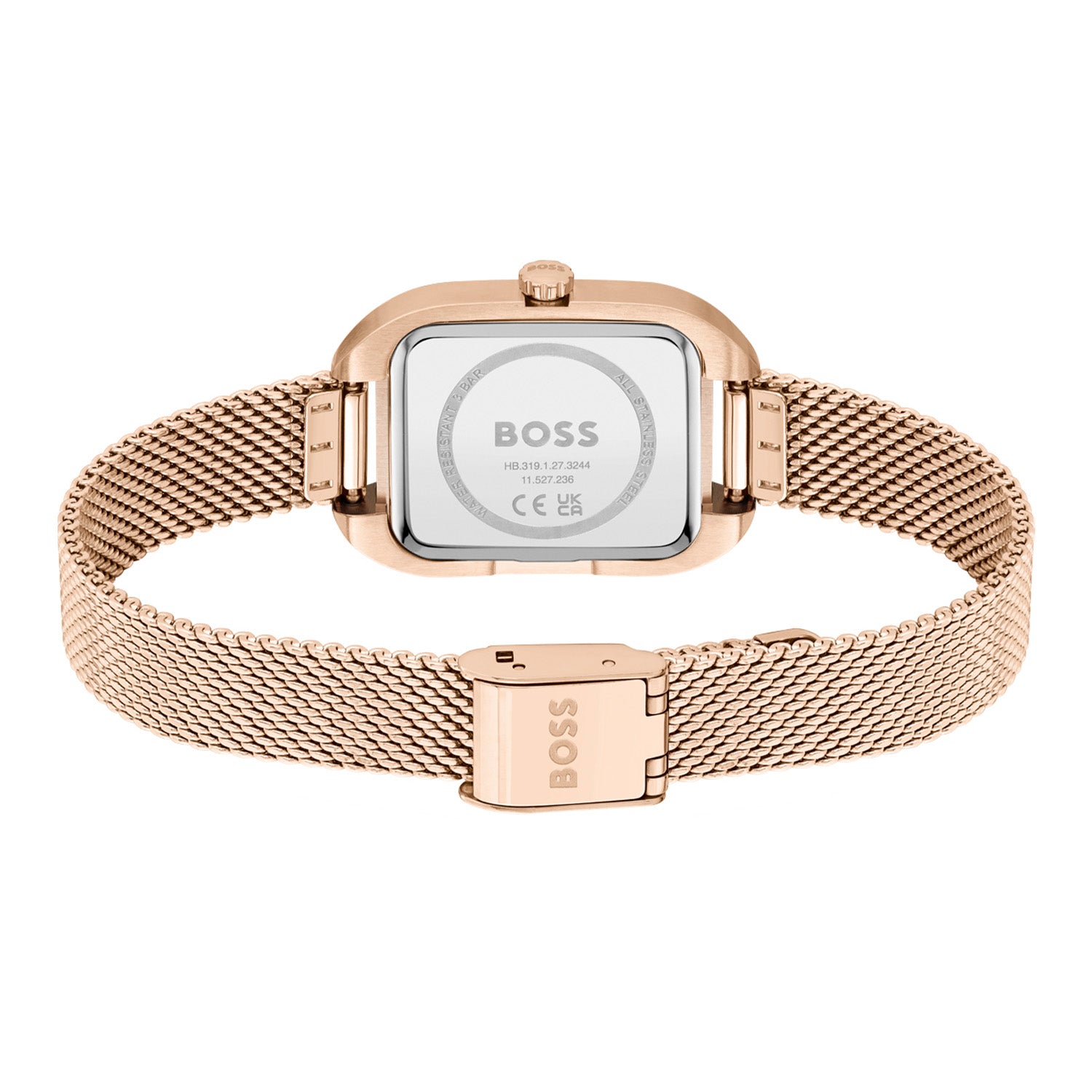 BOSS Damenarmbanduhr Rückansicht mit roségoldener Schließe und Mesh-Metallband
