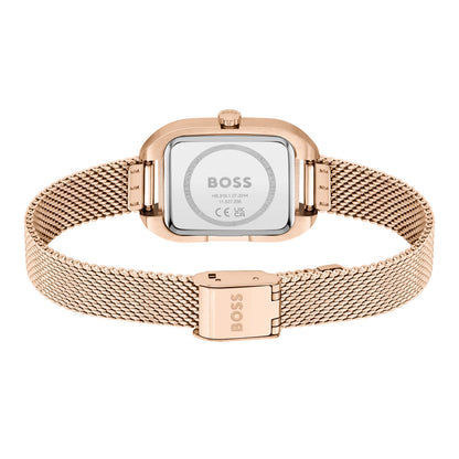 BOSS Damenarmbanduhr Rückansicht mit roségoldener Schließe und Mesh-Metallband