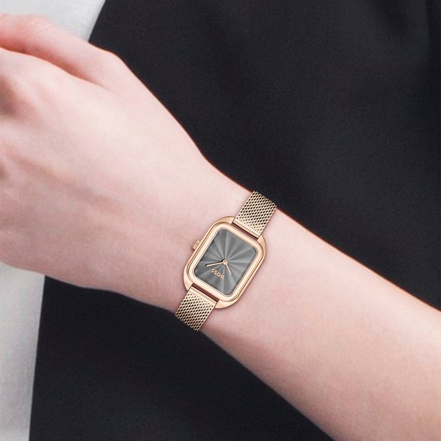 BOSS Damenarmbanduhr mit Mesh-Armband, roségoldenes Gehäuse und grauem Zifferblatt